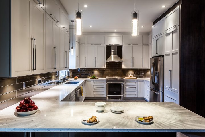 Classic white kitchen design with grey floor